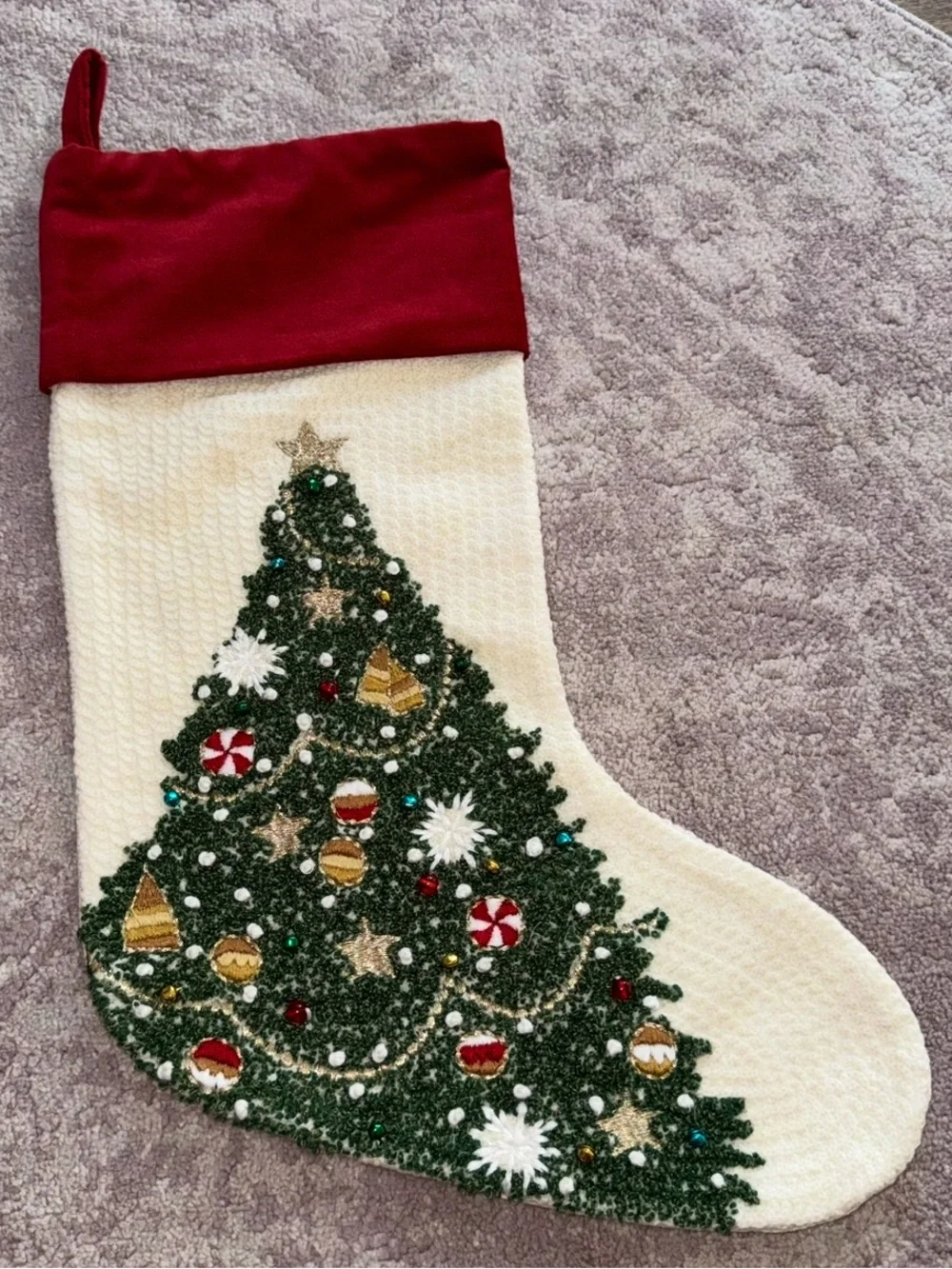 Pottery Barn Beautiful 20” Cream Green Red Christmas Tree Stocking